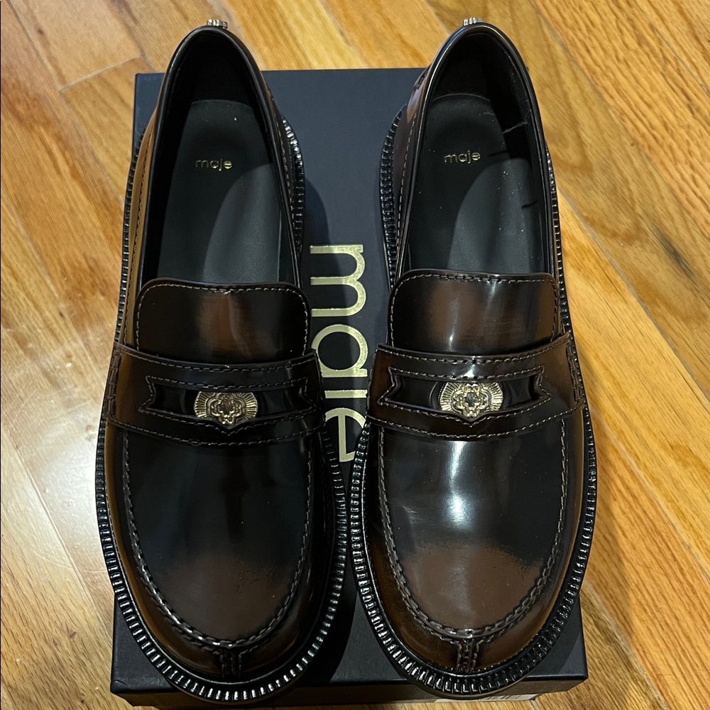 NWT Maje Glossy Black and Brown Penny Loafers